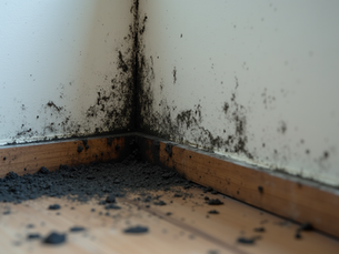 Close-up view of black mold growth on a damp wall corner