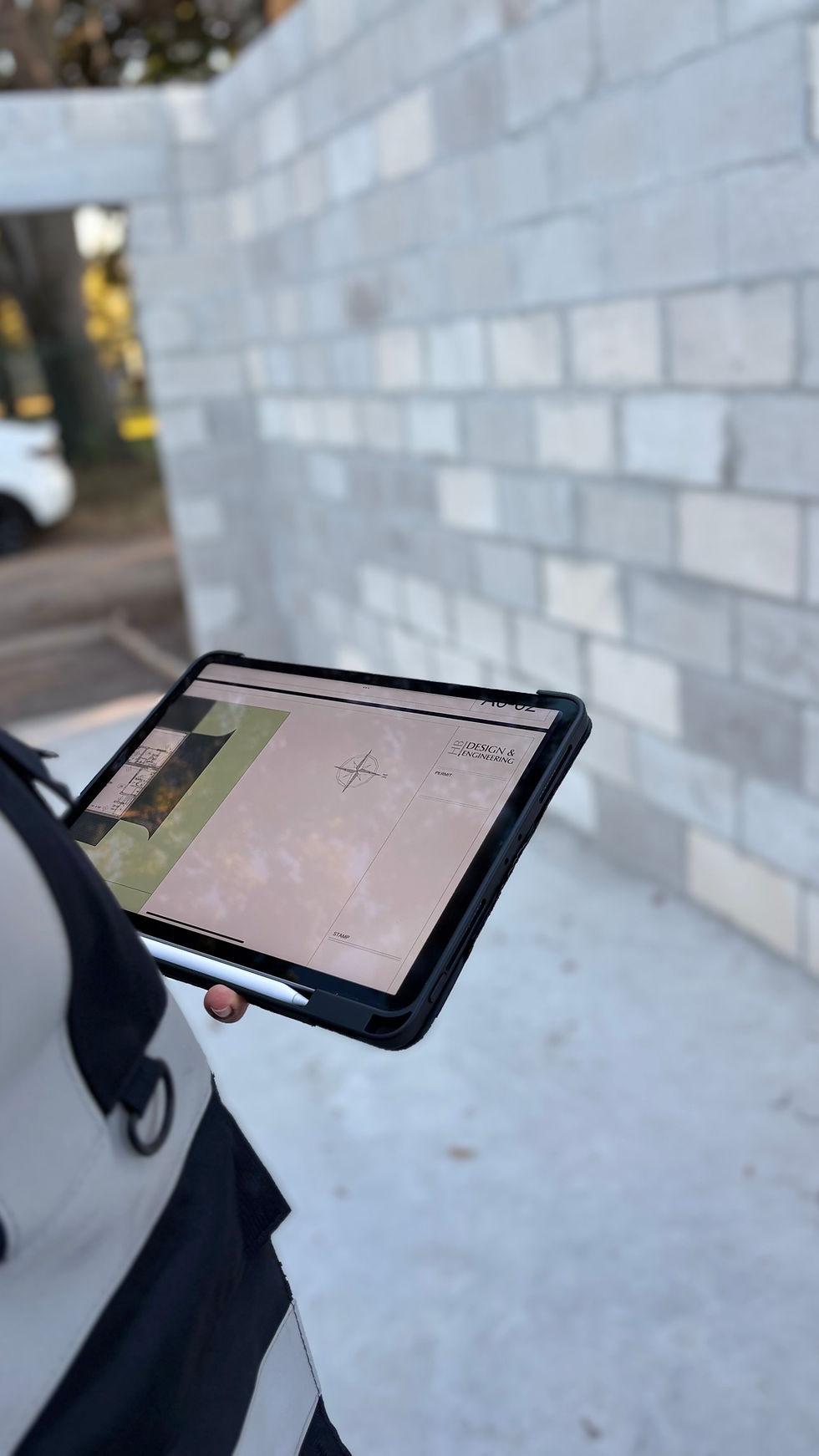 Person holds a tablet showing design plans, standing near a brick wall. The tablet screen displays "HB Design & Engineering." Calm setting. The image is used to represent residential engineer near me.