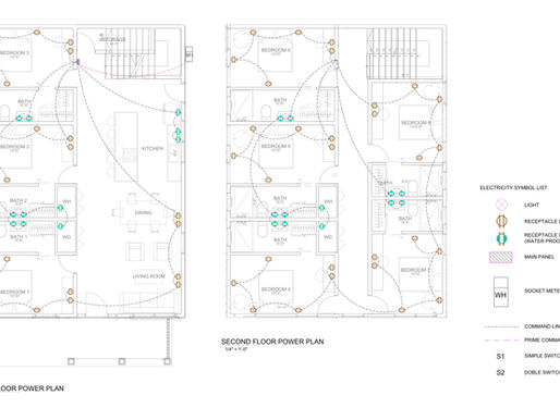 Floor plan detailing first and second floor layouts, showing bedrooms, baths, kitchen, and living areas. Includes electricity symbol list. The electrical floor plan was made by HB Design and Engineering for Built with Love in St. Petersburg, Florida. The image is used in the blog to represent whole home rewiring.
