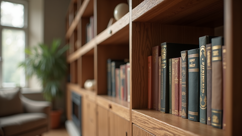 Eye-level view of a beautifully crafted wooden bookshelf in a cozy living room