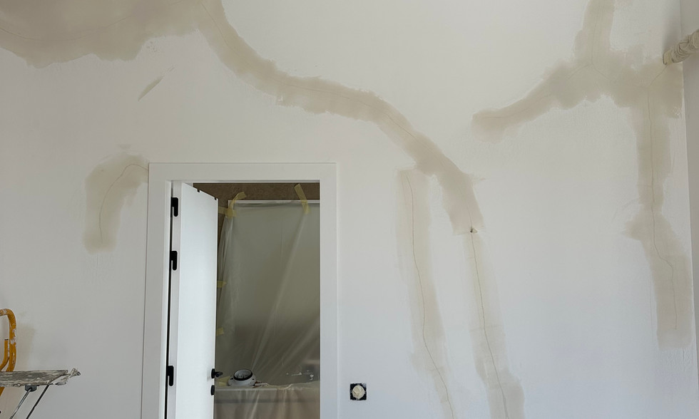 Una crepa nel muro recentemente riparata da ASF Peinture et Decorazione, prima della levigatura e della verniciatura finale.