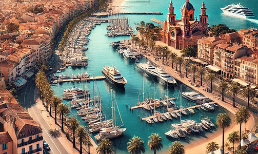 Vue aérienne de Saint-Raphaël, station balnéaire emblématique de la Côte d’Azur. Cette image met en valeur le port animé, où yachts et bateaux de plaisance se mêlent à l’élégance des bâtiments aux toits en tuiles. En arrière-plan, la basilique néo-byzantine de Saint-Raphaël domine le paysage urbain, ajoutant une touche historique à ce cadre méditerranéen. Les plages de sable fin bordées de palmiers et la mer d’un bleu éclatant reflètent l’ambiance ensoleillée et détendue de la ville. Les majestueuses montagnes de l’Estérel encadrent la scène, offrant un contraste naturel spectaculaire. Idéal pour des vacances, des activités nautiques ou des promenades dans un cadre idyllique.