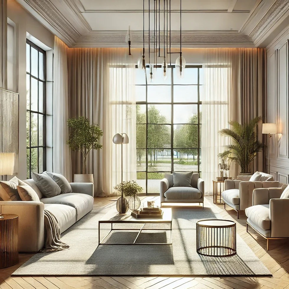 Un salon moderne et lumineux, entièrement rénové avec des finitions haut de gamme et des couleurs apaisantes.