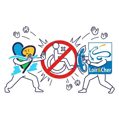 Illustration stylisée sur fond blanc montrant deux personnages anthropomorphes qui s'affrontent en repoussant un grand panneau d'interdiction rouge (cercle barré) contenant le symbole d'accessibilité (fauteuil roulant). À gauche, le personnage porte le logo de la Région Centre-Val de Loire (cœur stylisé bleu, jaune et vert). À droite, le personnage porte le logo du département de Loir-et-Cher (carré bleu avec une salamandre). Autour d'eux, des mains volantes et des projectiles symbolisent une dispute ou un rejet mutuel de responsabilité.