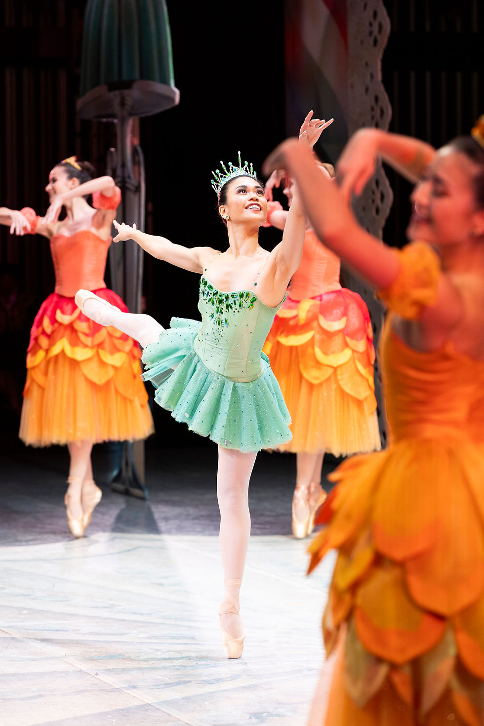 Pacific Northwest Ballet principal dancer Angelica Generosa as Dewdrop, with PNB company dancers in a scene from George Balanchine’s The Nutcracker®, choreographed by George Balanchine © The George Balanchine Trust. Photo © Angela Sterling, 2024.