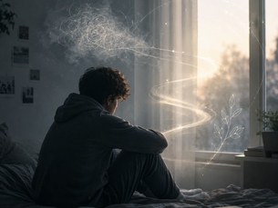 Young person sitting in thier room on the bed, looks like isolating looks like they are trying to work out what life means for them, what they should be doing but finding it difficult for some reason. With a feeling of there is more to this, but not quite sure how to make sense of these feelings. Looking out of a window, with light right around them.