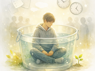 Student sitting in a stress bucket. Feeling overwhelm due to all the feelings around exams.