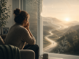 A mother looking out of window from her home, seeing imaging a path that she thought she knew for her young person, feeling worry, feeling and wondering if she is supporting in the right way. With light on the path way for the young person.