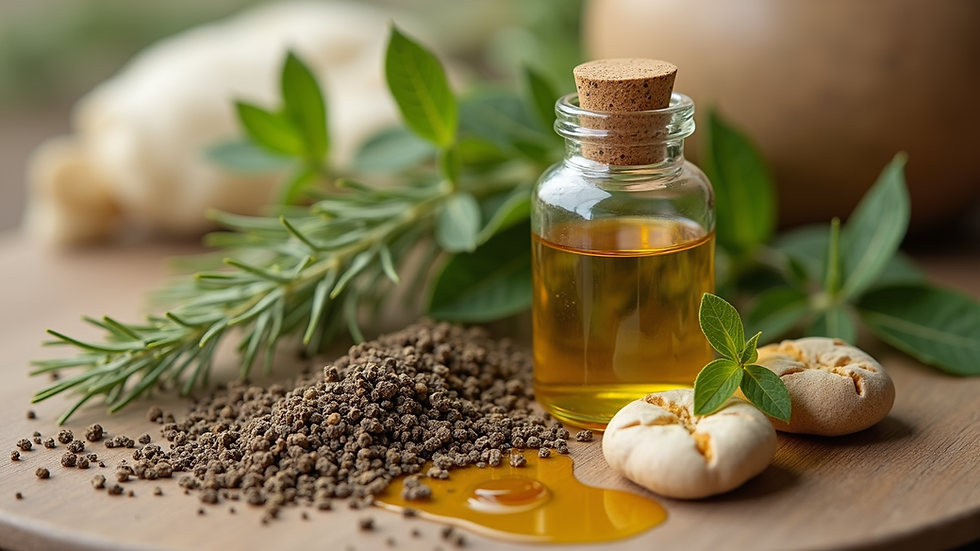 Close-up view of natural herbs and oils used in hair care