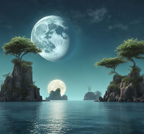one large moon and one small moon over a large island.jpg