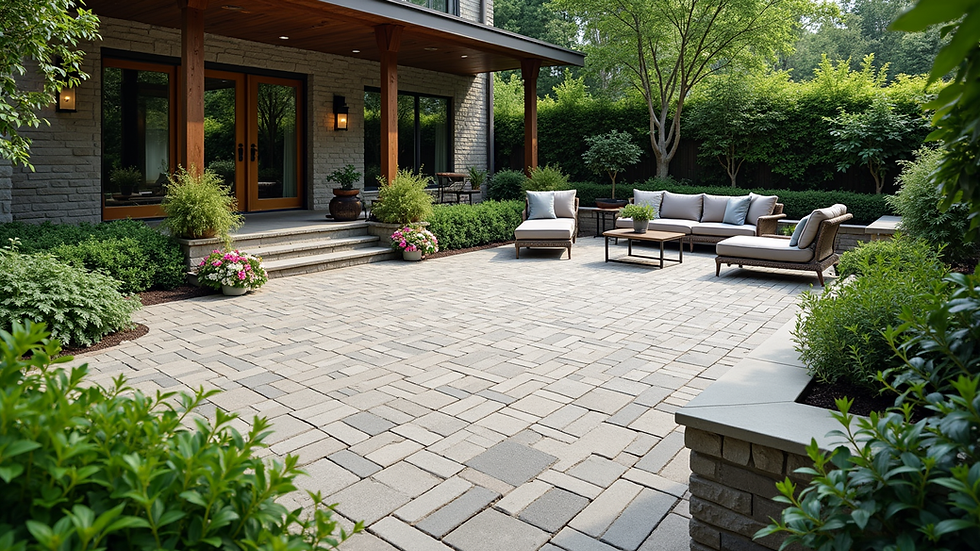 Eye-level view of a custom paver patio with intricate geometric patterns and surrounding greenery