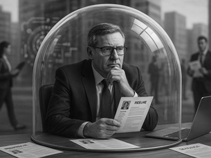 Ein Fachmanager prüft unter einer Glaskupper Bewerbungen