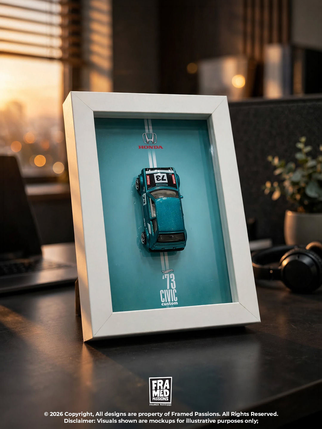 73 Honda Civic Custom Desk Buddy Diecast Car Art Frame
