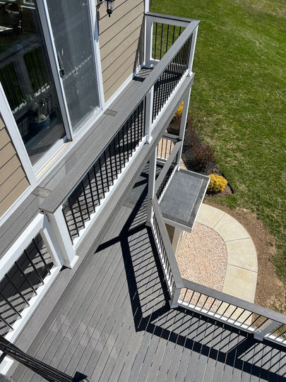 An overhead view of a new composite deck and railing system