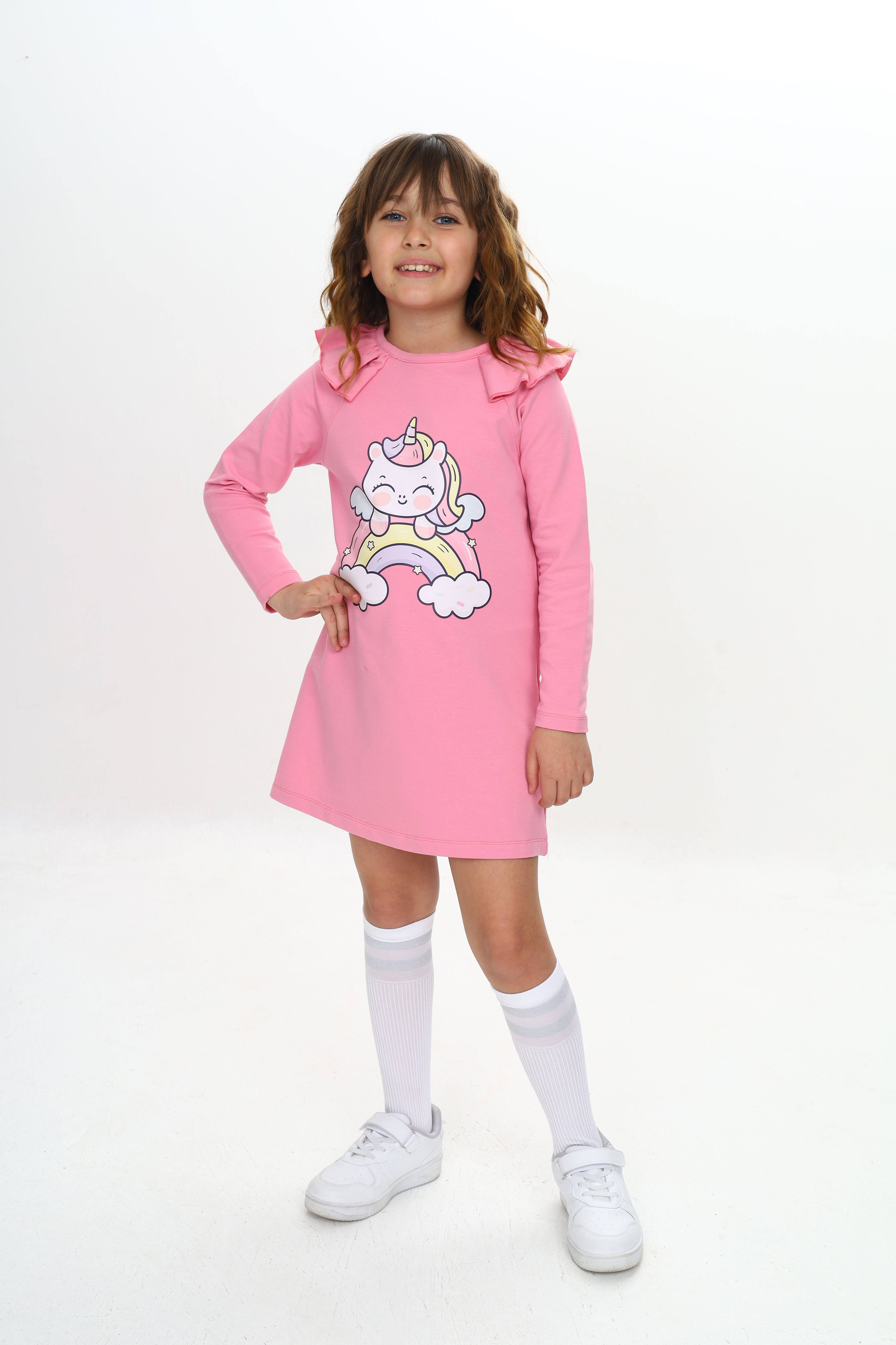 Kız Çocuk Elbise Unicorn Baskılı Uzun Kollu