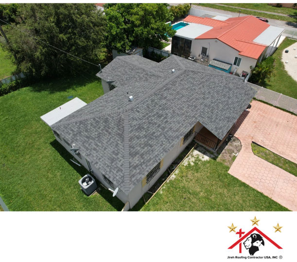 Completed architectural shingle roof replacement project by Jireh Roofing Contractor USA, Inc. in South Florida.