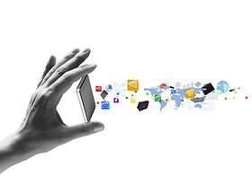 Human hand holding mobile phone and icons flying out