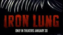 Rustic bright red letters that read 'Iron Lung' encased in long sabre like teeth