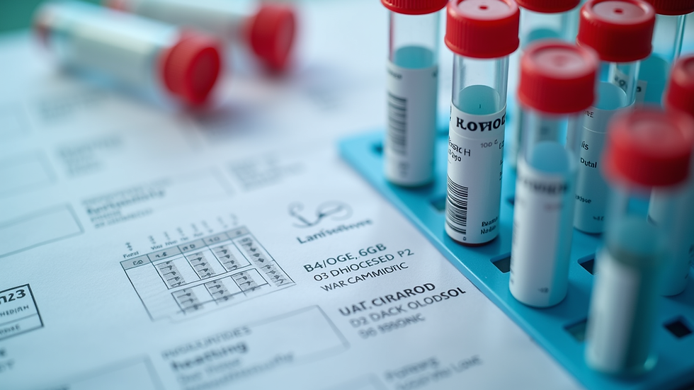 Close-up view of medical test tubes and kidney function reports