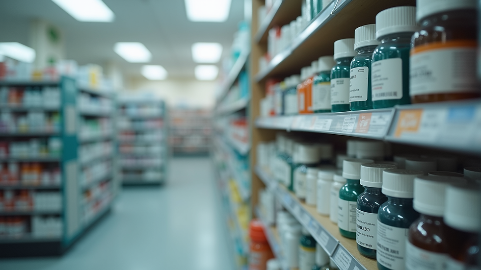 Eye-level view of a pharmacy shelf stocked with various medications