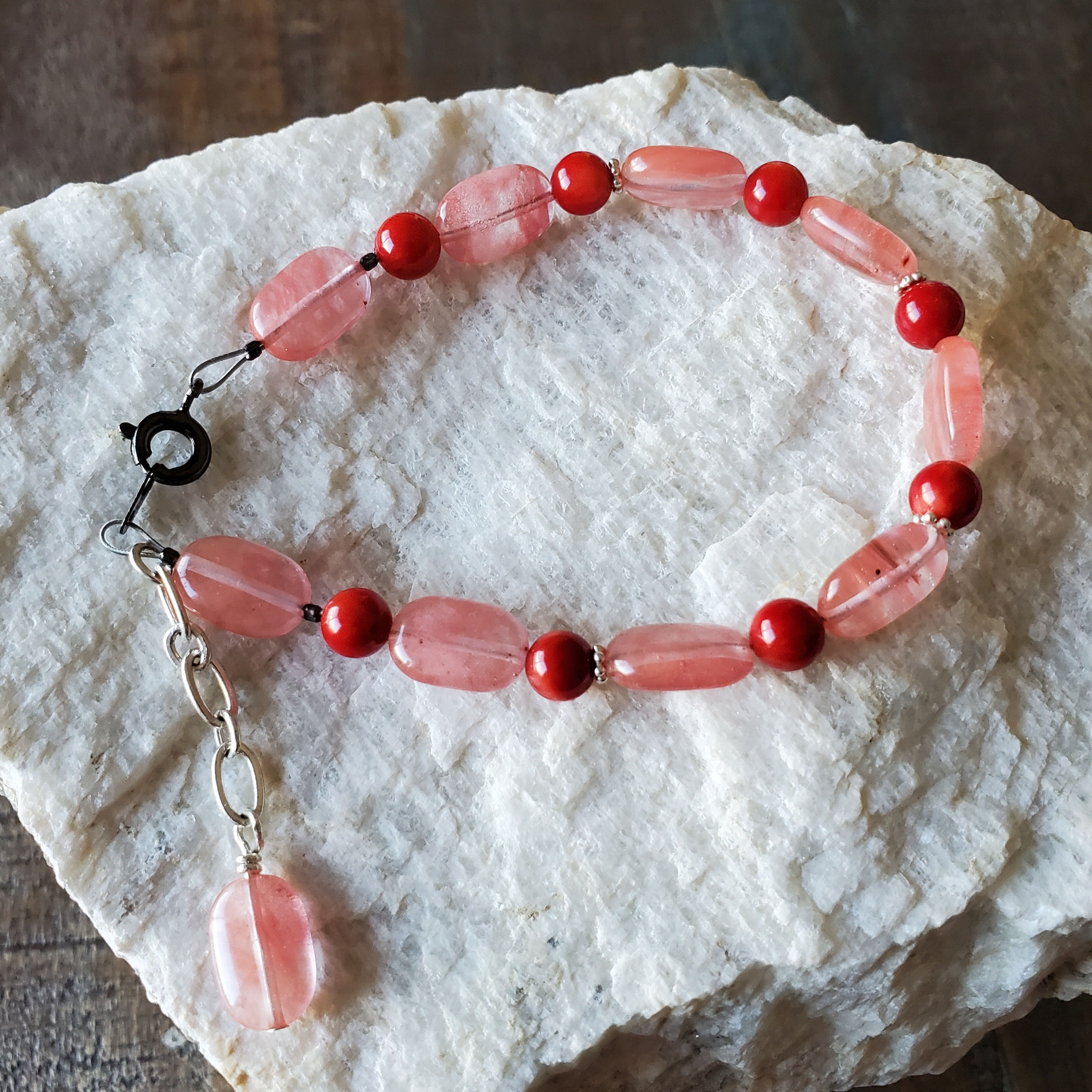 Cherry Quartz and Red Coral bracelet