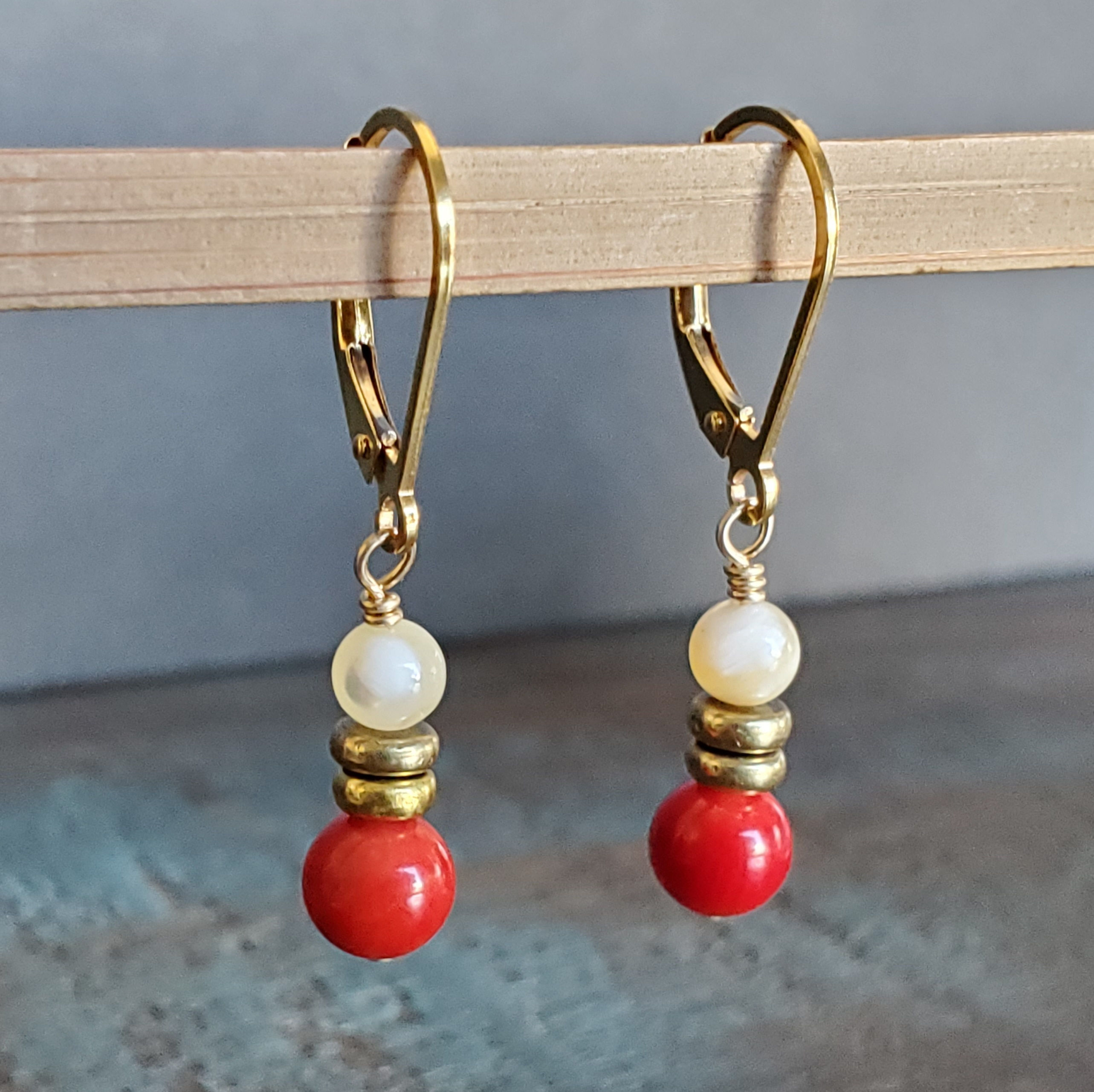Red Coral and Natural Mother of Pearl earrings 