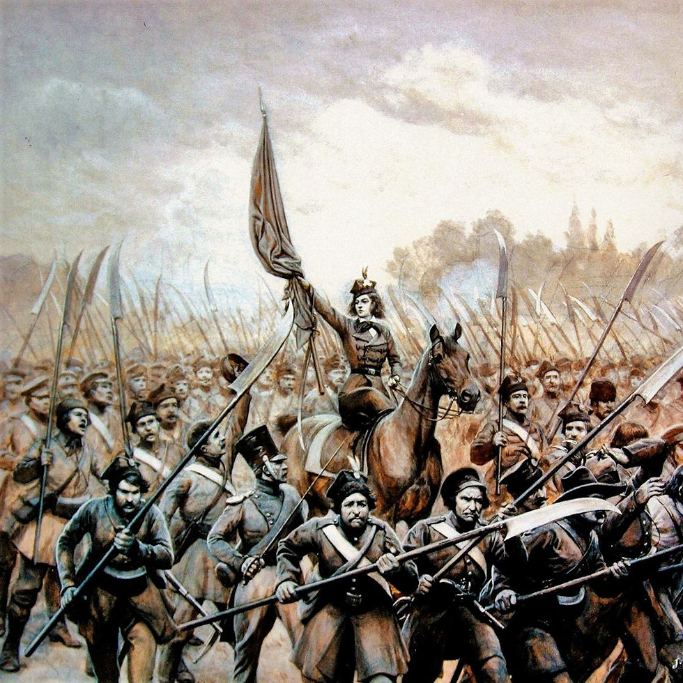 Emilia Plater conduisant des faucheurs polonais en 1831, Jan Rosen, musée de l’Armée de Varsovie, XIXe siècle.