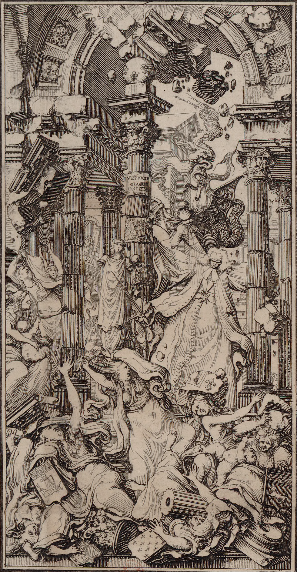 Gravure satirique de René Nicolas de Maupeou, chancelier de France : Maupeou, nouveau Samson, ébranle les colonnes du temple de l'État, estampe de la Bibliothèque Nationale de France, années 1770.