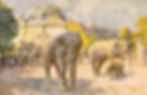 Carte postale historique représentant les éléphants d'Asie au jardin zoologique de Schönbrunn, Vienne (Autriche). En arrière-plan, le pavillon impérial construit par Jean-Nicolas Jadot de Ville-Issey en 1759.