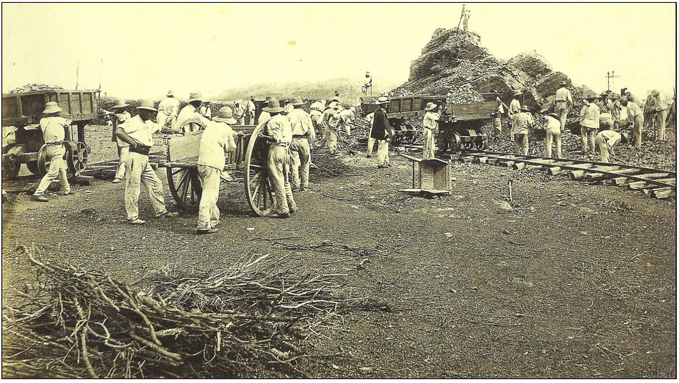 Les bagnards sur un chantier de la ville de Nouméa, dans Serge Kakou - Découverte photographique de la Nouvelle-Calédonie, décennie 1890.