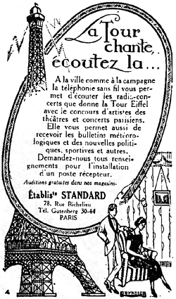 Publicité pour la station radiotéléphonique de la tour Eiffel. L'inauguration officielle de Radio Tour Eiffel a lieu le 6 février 1922.