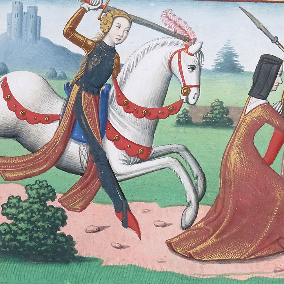     Jeanne d’Arc battant les prostituées, Martial d’Auvergne, Vigiles de Charles VII - Bibliothèque Nationale de France - Département des Manuscrits, fin du XVe siècle.