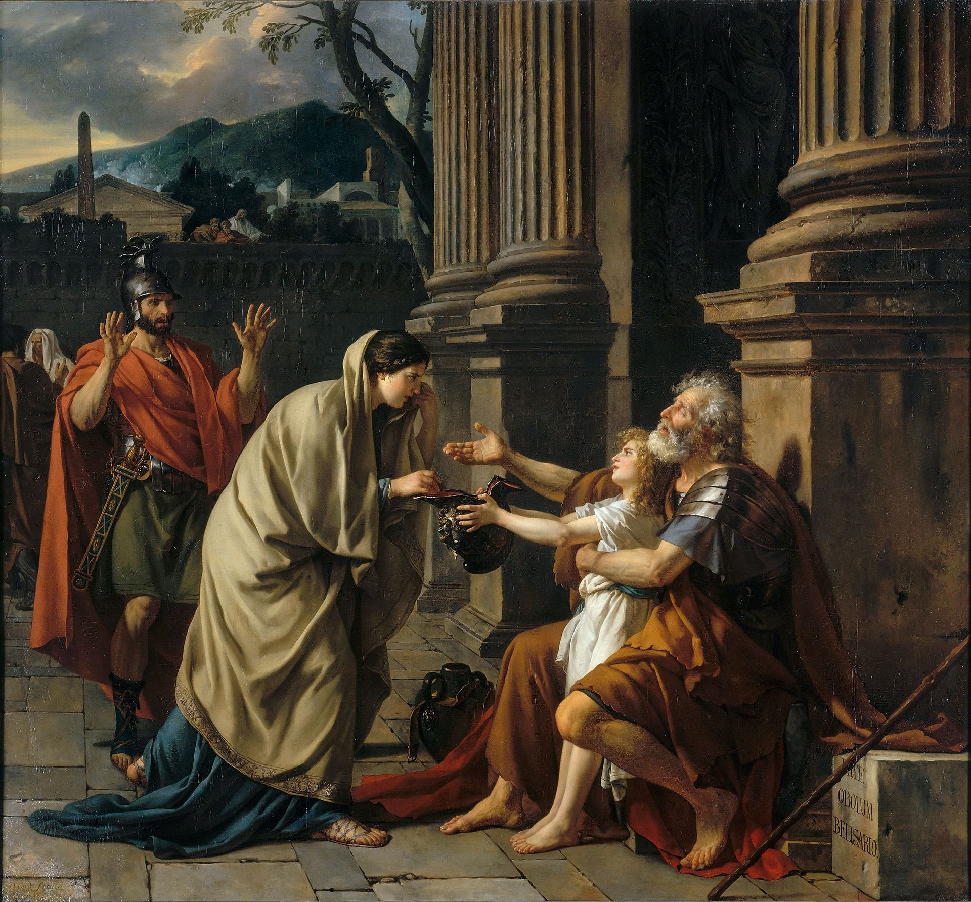 Bélisaire demandant l’aumône, tableau de Jacques Louis David (1748-1825), peint en 1781 : Dans ce tableau classique, le peintre représente la déchéance du général Bélisaire, qui, toute sa vie durant, a servi l’empereur Justinien. Celui-ci, jaloux de ses succès au combat et de sa popularité, l’a sanctionné pour corruption et trahison et Bélisaire se retrouve à mendier dans les rues, ruiné et aveugle (s’est-il fait crever les yeux par l’empereur lui-même ?). Cette histoire est vraisemblablement exagérée par rapport à la réalité historique mais cela va devenir un thème récurrent inspirant différents auteurs, notamment Jean-François Marmontel dans son roman Bélisaire.