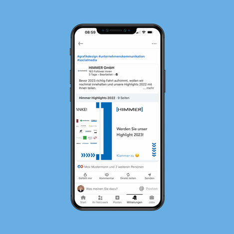 Ansicht der letzten Seite des PDF Postings auf Social Media mit schließender Klammer aus dem Kundenlogo als grafisches Element