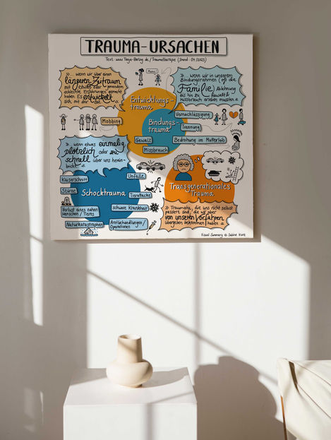Eine handgeschriebene Visual Summary / visuelle Zusammenfassung des Themas Trauma-Ursachen hängt als Quadrat an einer Wand.