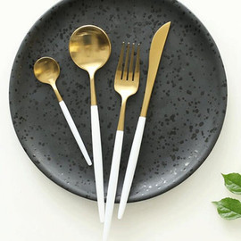 Gold/white flatware, gold flatware, flatware with white handle, white handle fork, white handle, knife, white handle tablespoon, white handle teaspoon