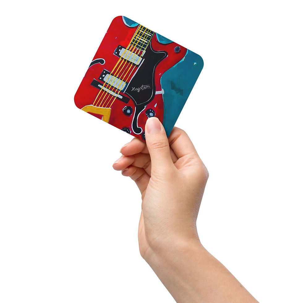 Hand holding Hagstrom Guitar Cork-back coaster, with colorful design, Gift It Art.