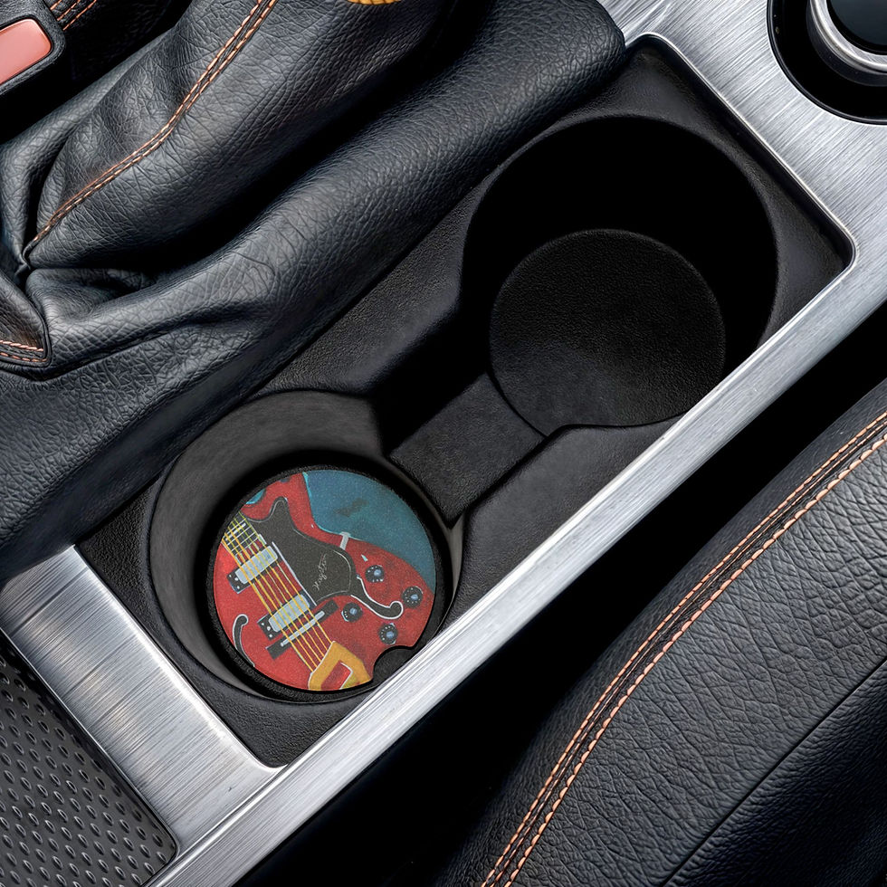 Car cup holder with Soapstone Car Coaster — Hagstrom Guitar, interior view inside vehicle.