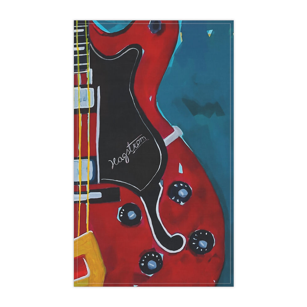 different angle of tea towel with red Hagstrom guitar image on full front 