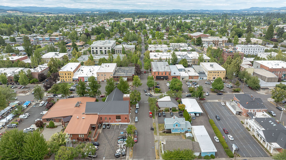 Aerial view of a leafy small town downtown with low buildings, parked cars, streets, and distant hills under a cloudy sky.