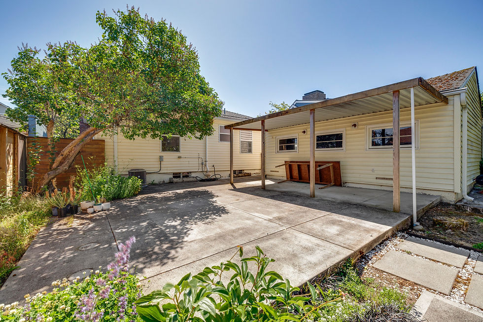 Sunny backyard patio with a large tree, cream house, covered carport, and potted plants.