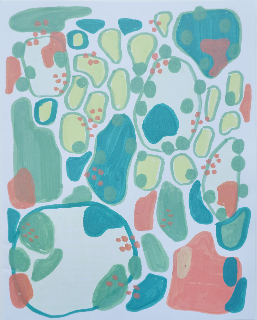 Abstract pattern with organic shapes in green, teal, yellow, and coral on a white background. Circular and irregular forms with dots.