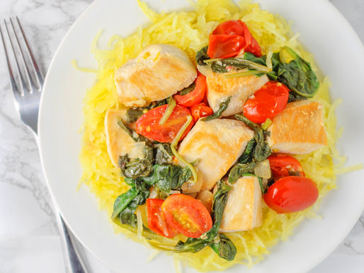 Lemon Chicken Spaghetti Squash with Spinach & Tomatoes