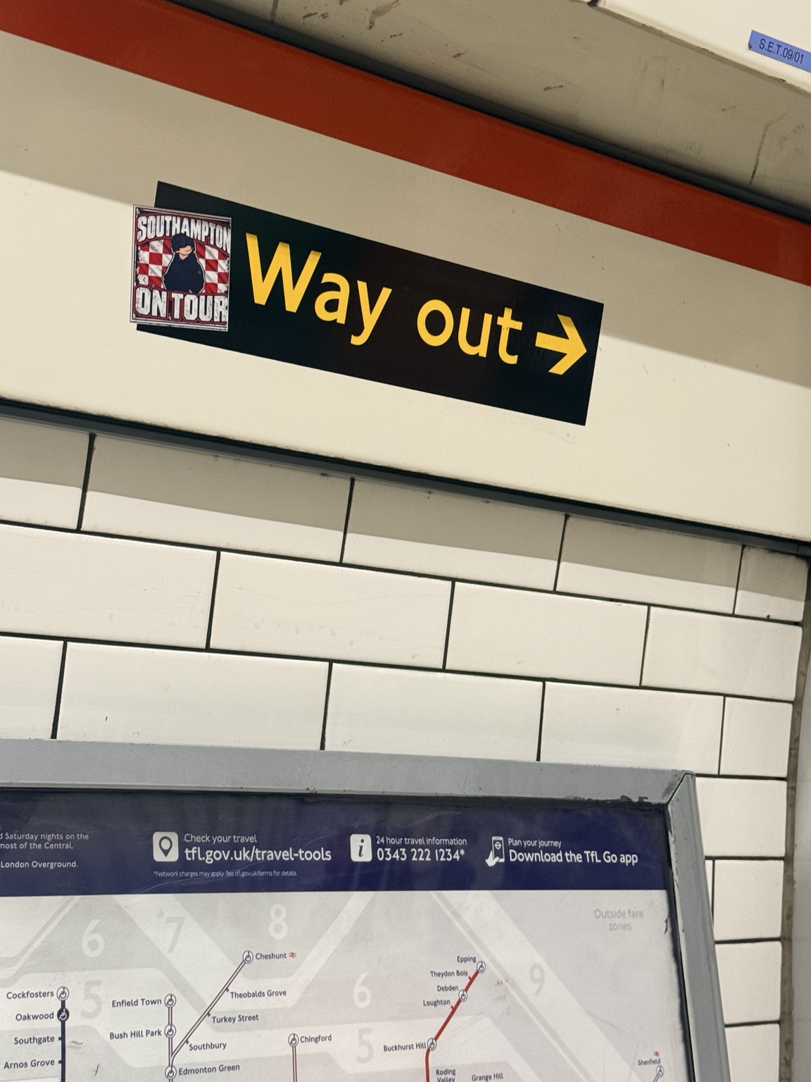 Southampton on Tour sticker on a London Underground way out sign