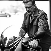 former executive in his garage working on a modern racing motorcycle. black and white. res