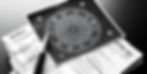 Astrological chart on a table with a pen and printed documents labeled “BILL”. Black and white color scheme.