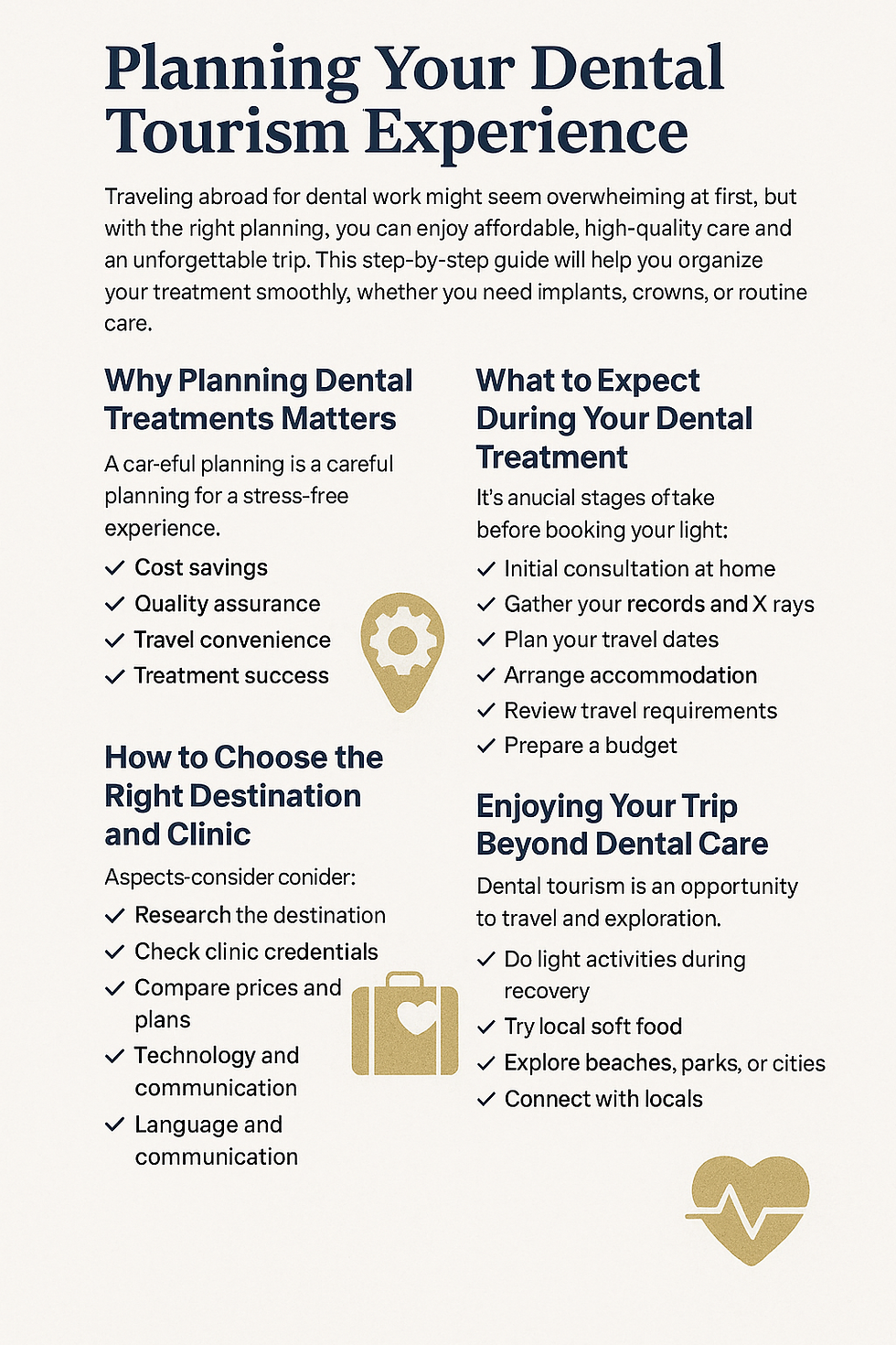 Infografía que muestra consejos clave para planificar un viaje de turismo dental, incluyendo elección del destino, preparación, expectativas del tratamiento y actividades durante la recuperación.