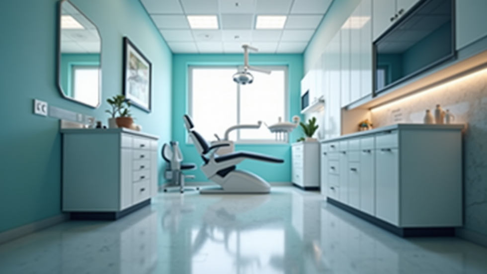 Eye-level view of modern dental clinic interior with dental chair and equipment