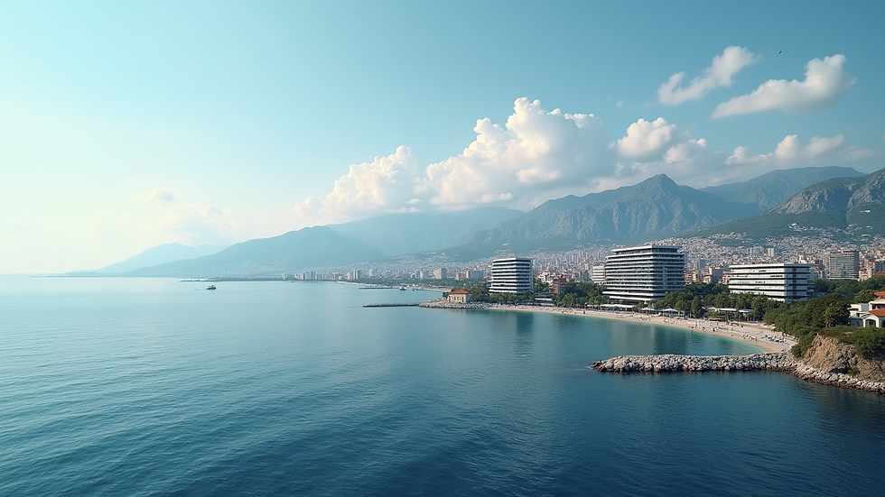 Wide angle view of Albanian coastal city with modern buildings and sea