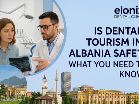 Dentist consulting a patient in a modern clinic with a view of Tirana’s Skanderbeg Square, symbolizing the safety and trust of dental tourism in Albania with Elonix Dental Clinic.